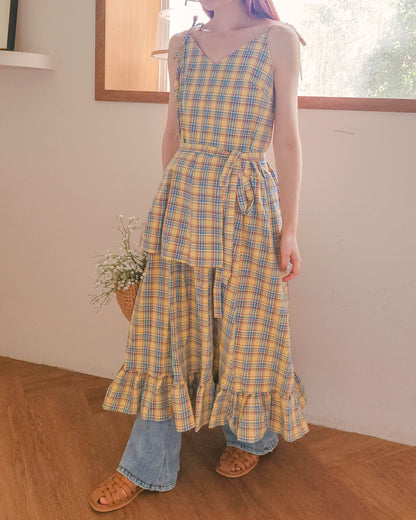check frill belt long dress