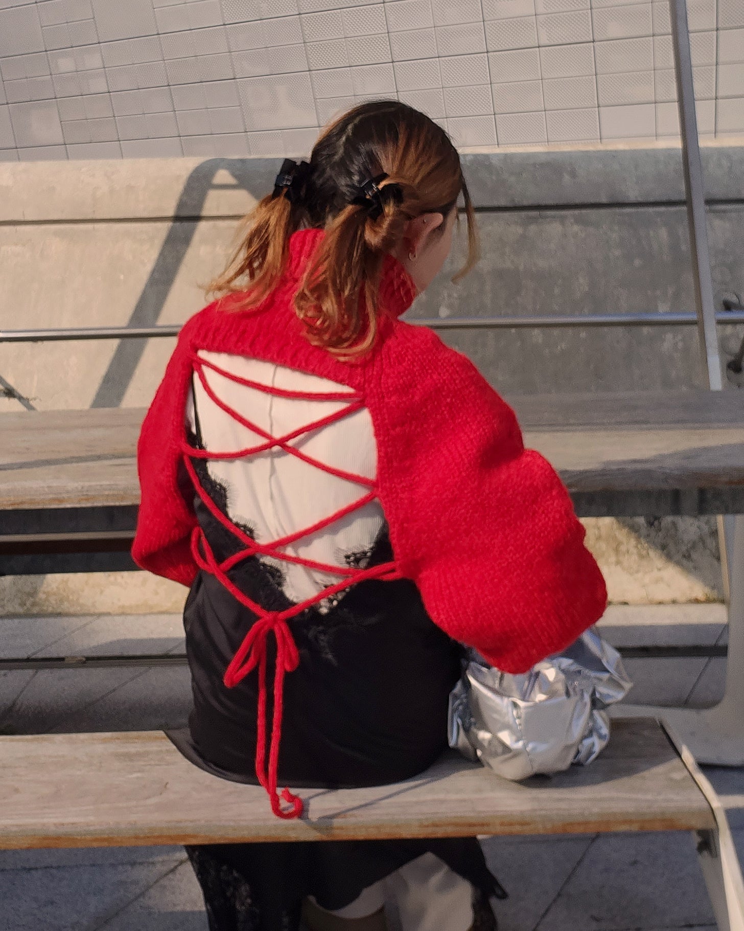 turtleneck eyelet short knit