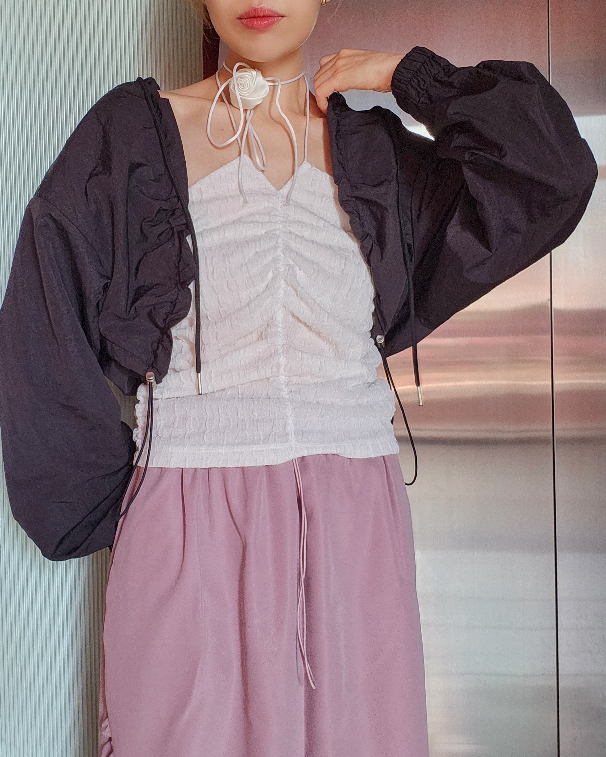 shirring bolero hood nylon blouson