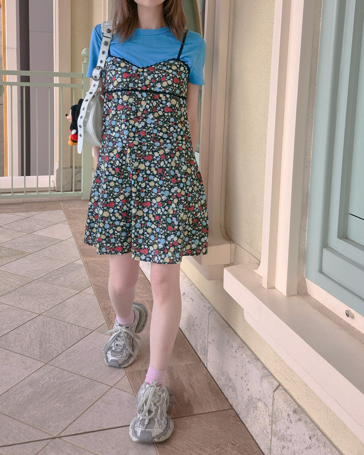 retro flower piping mini dress