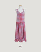 check frill belt long dress