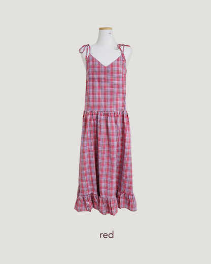 check frill belt long dress