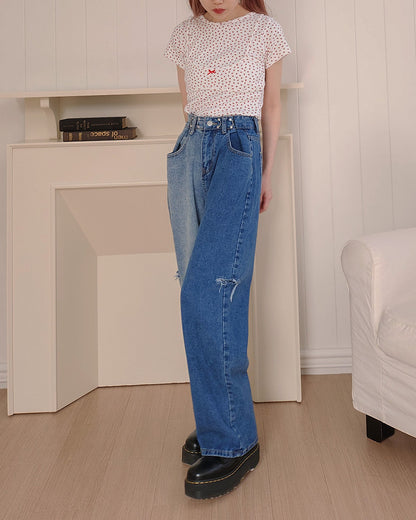 side ripped switching denim