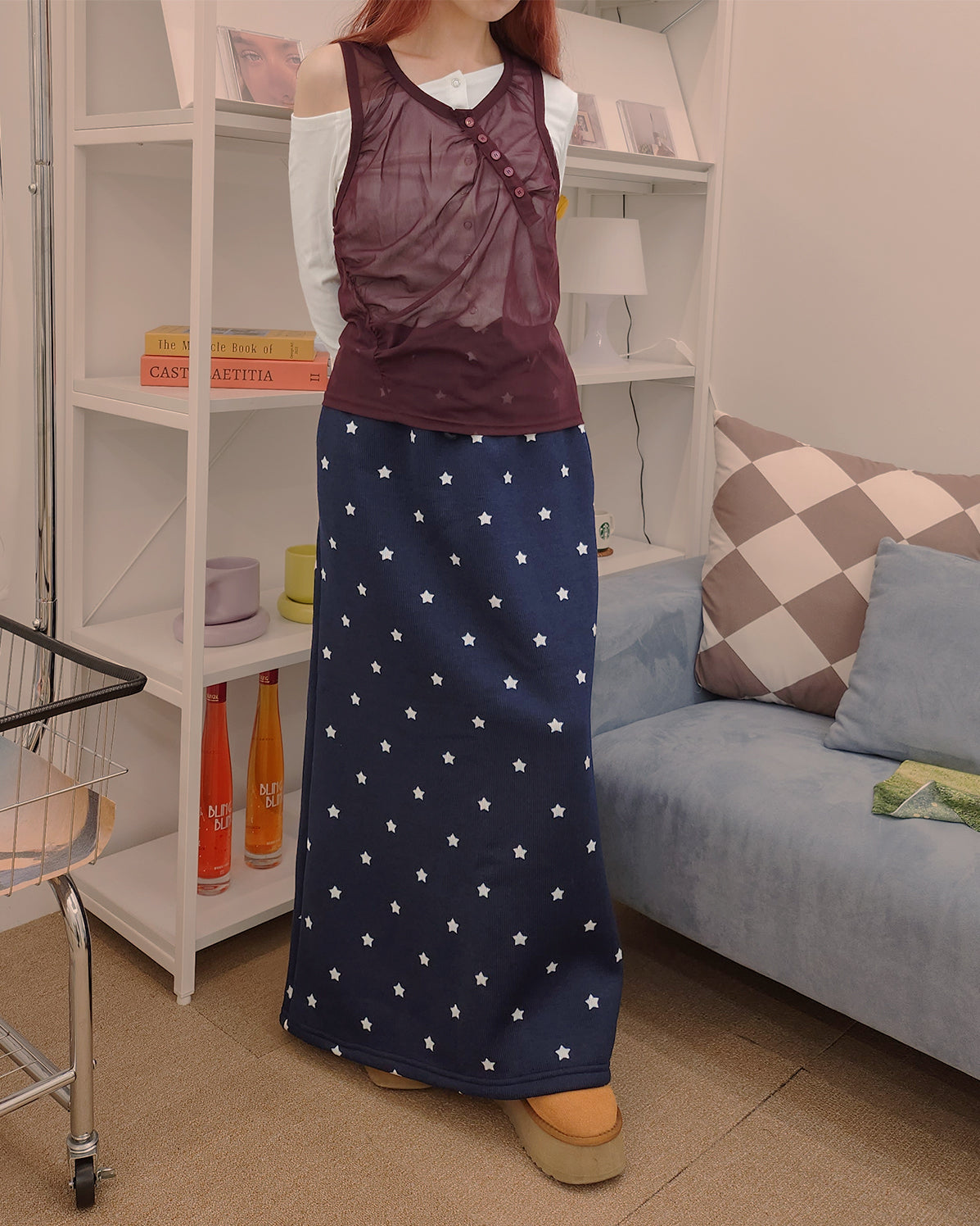 star pattern knit long skirt