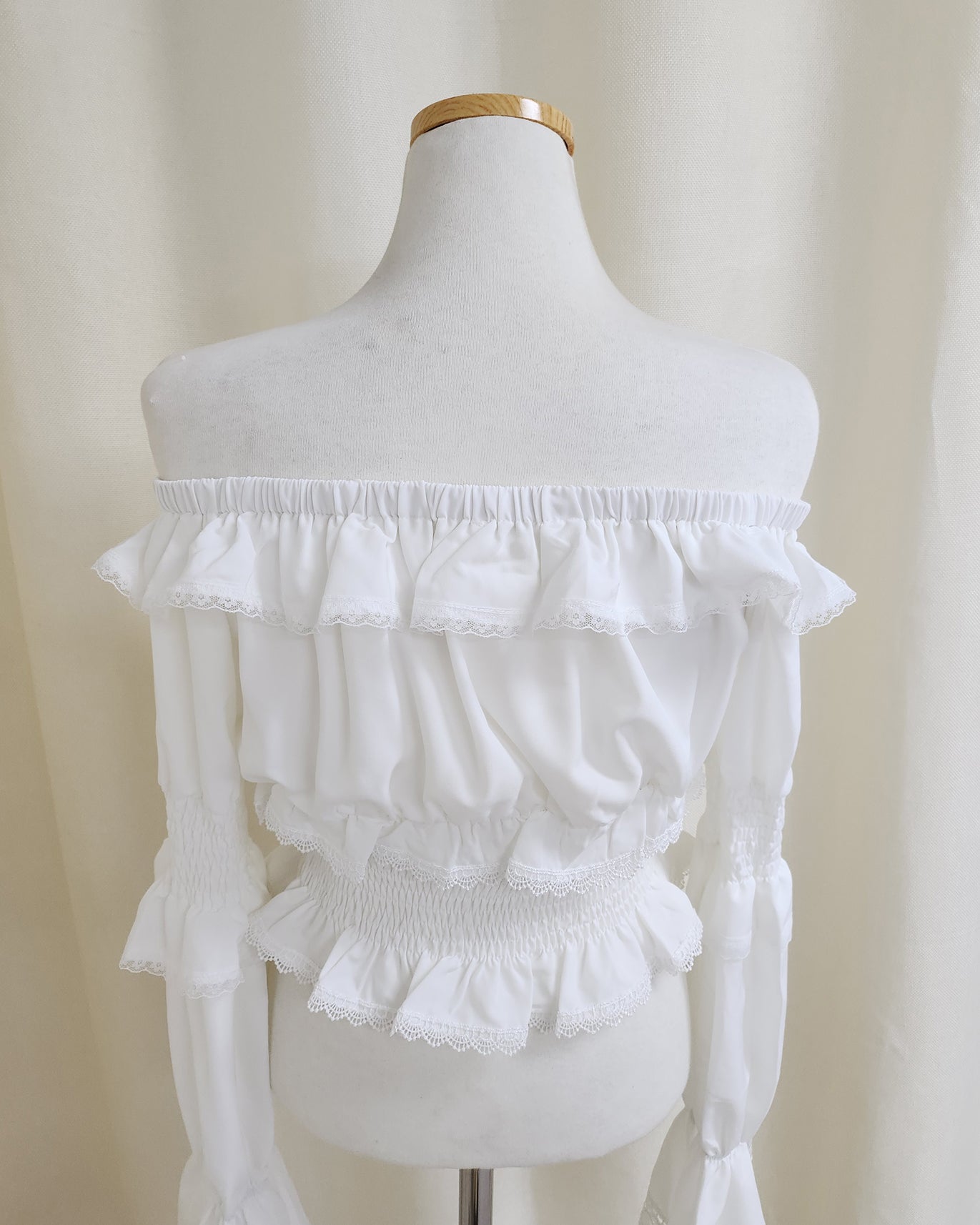 off shoulder shirring flared sleeves blouse