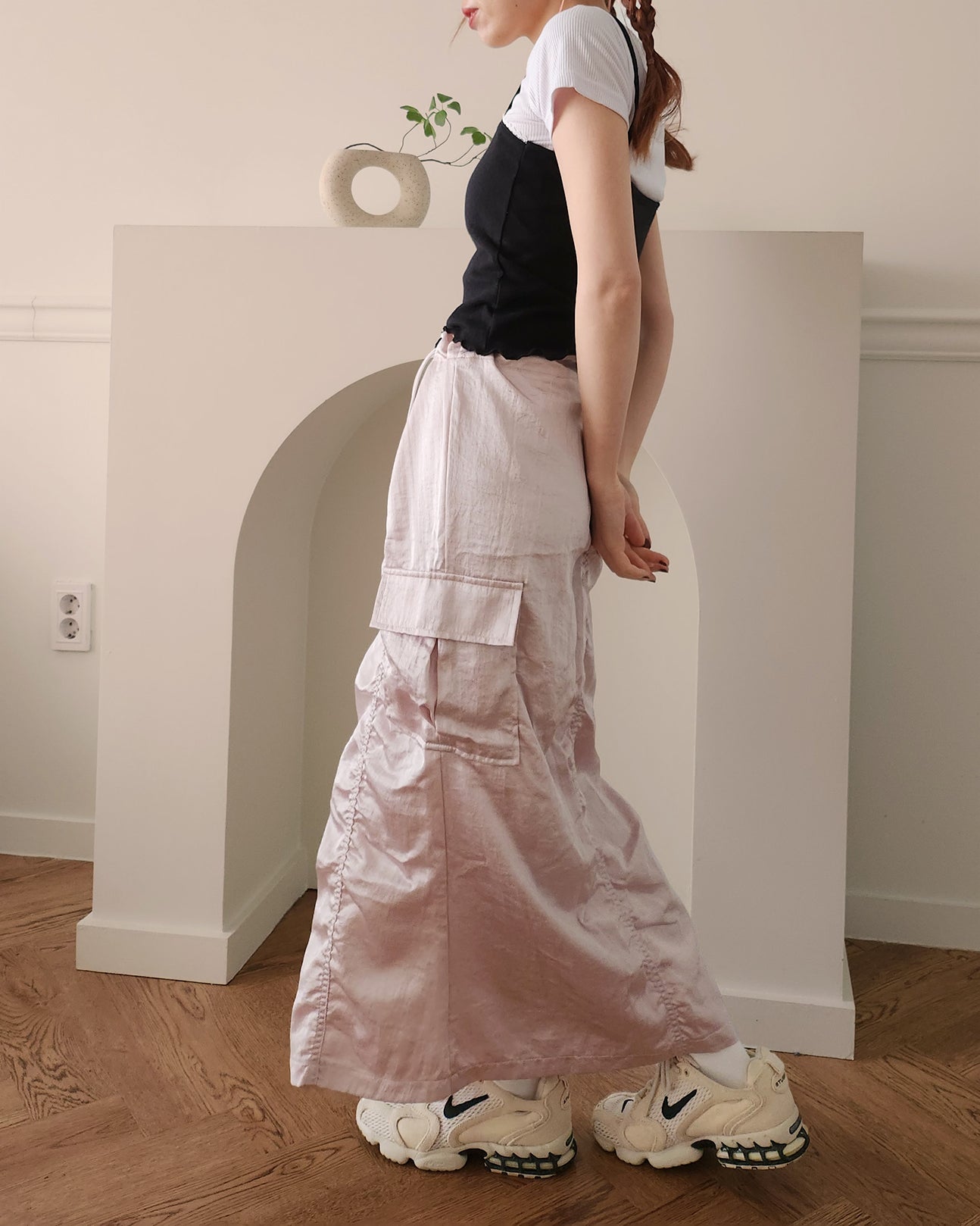 satin shirring cargo skirt