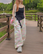 flower cotton tuck wide pants