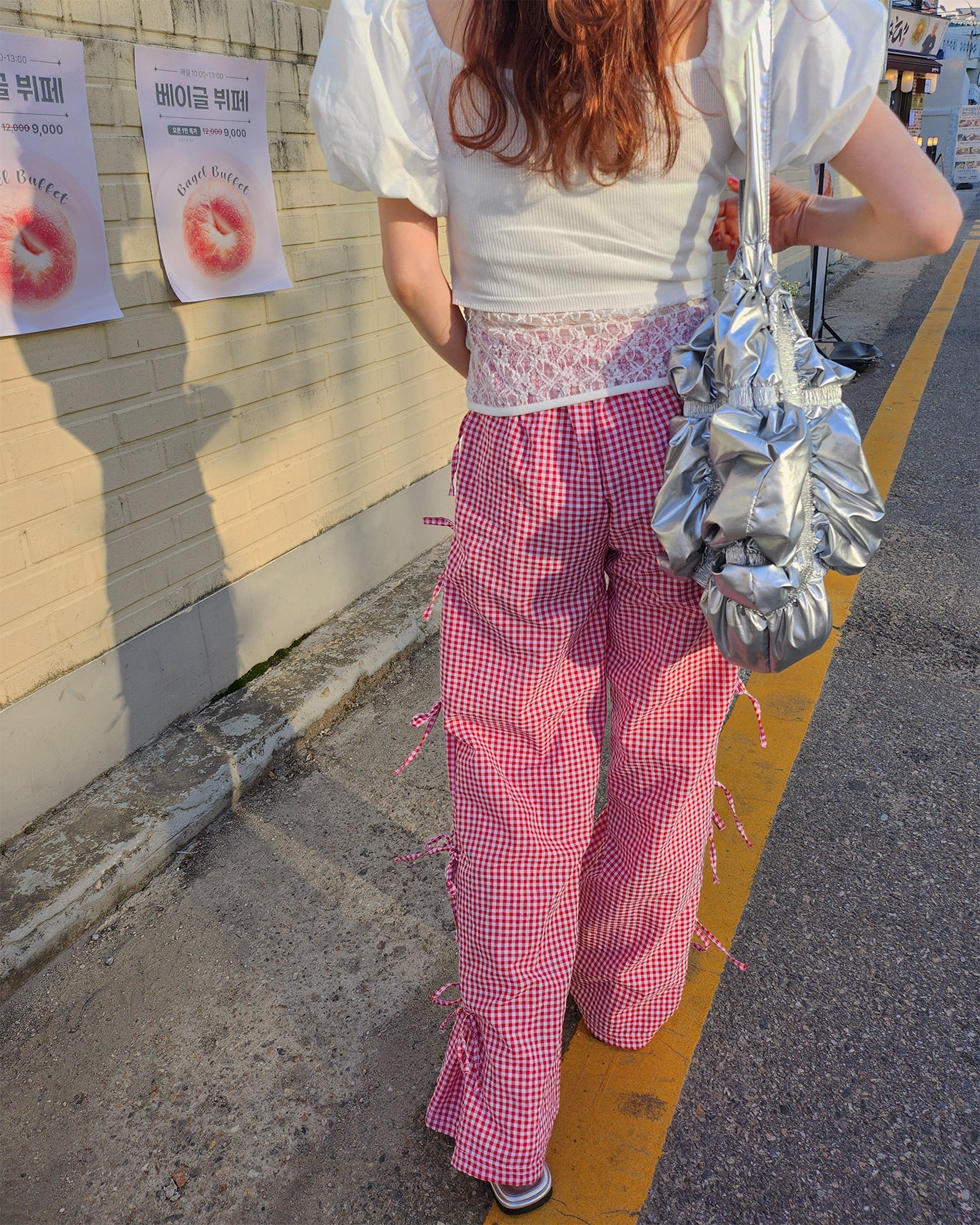 gingham check ribbon pants