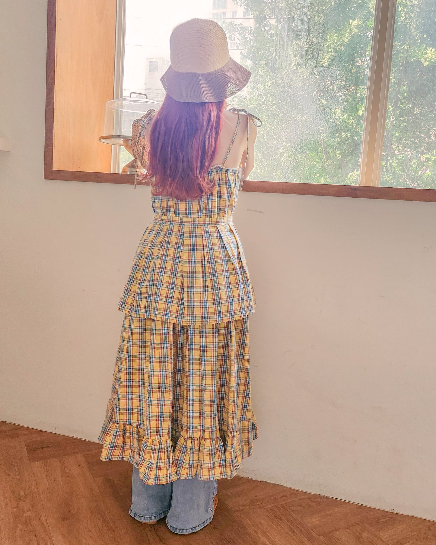 check frill belt long dress