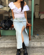 V neck puff shoulder top