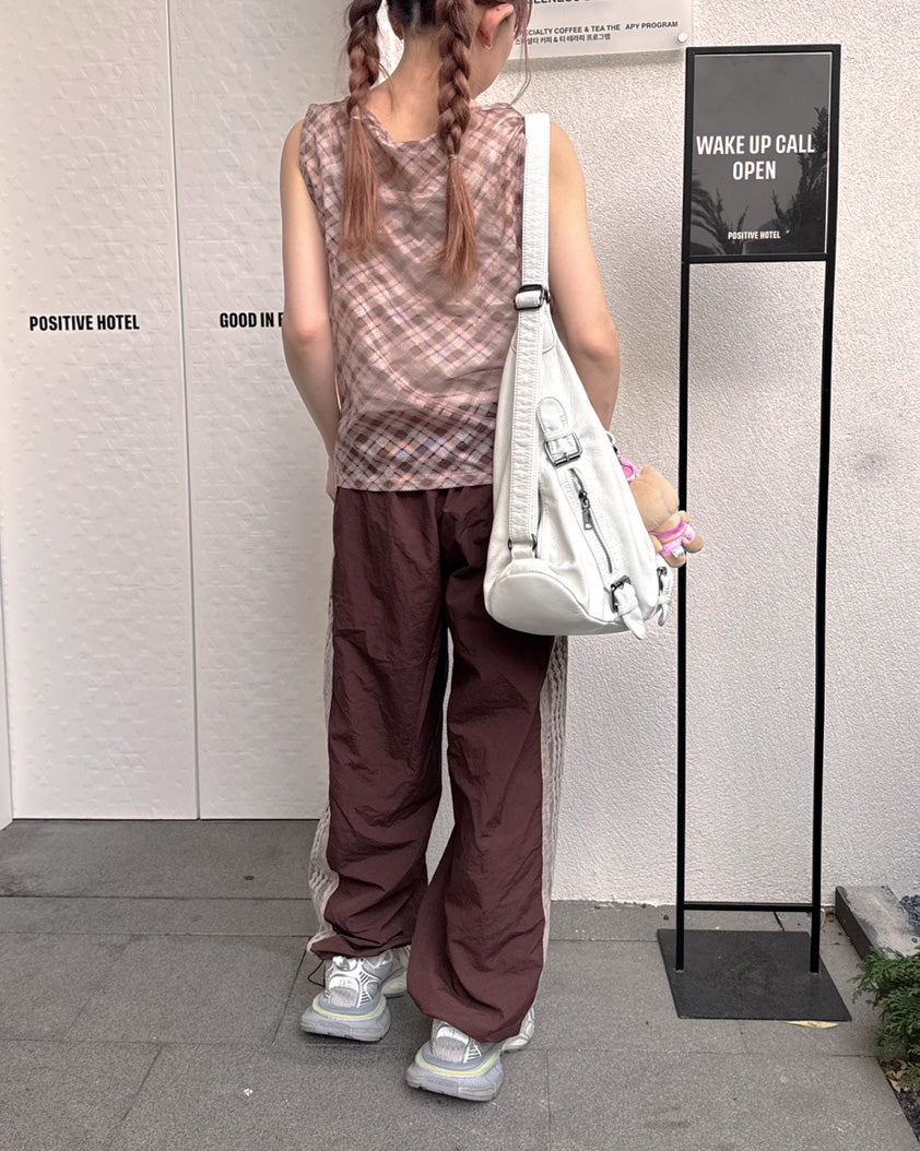 sheer check sleeve less top