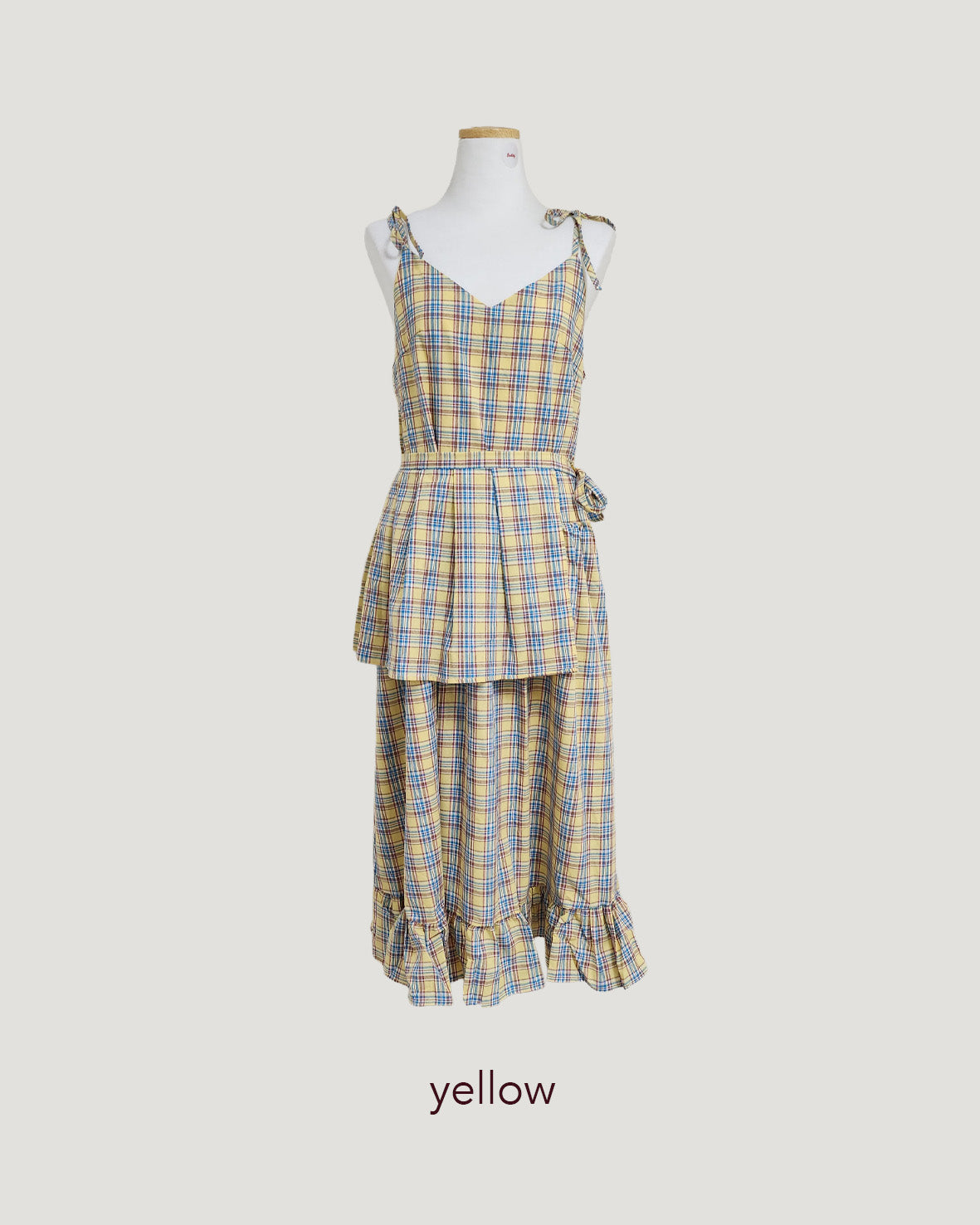 check frill belt long dress