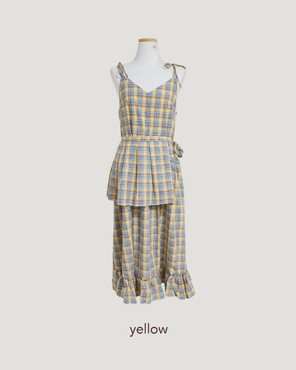 check frill belt long dress