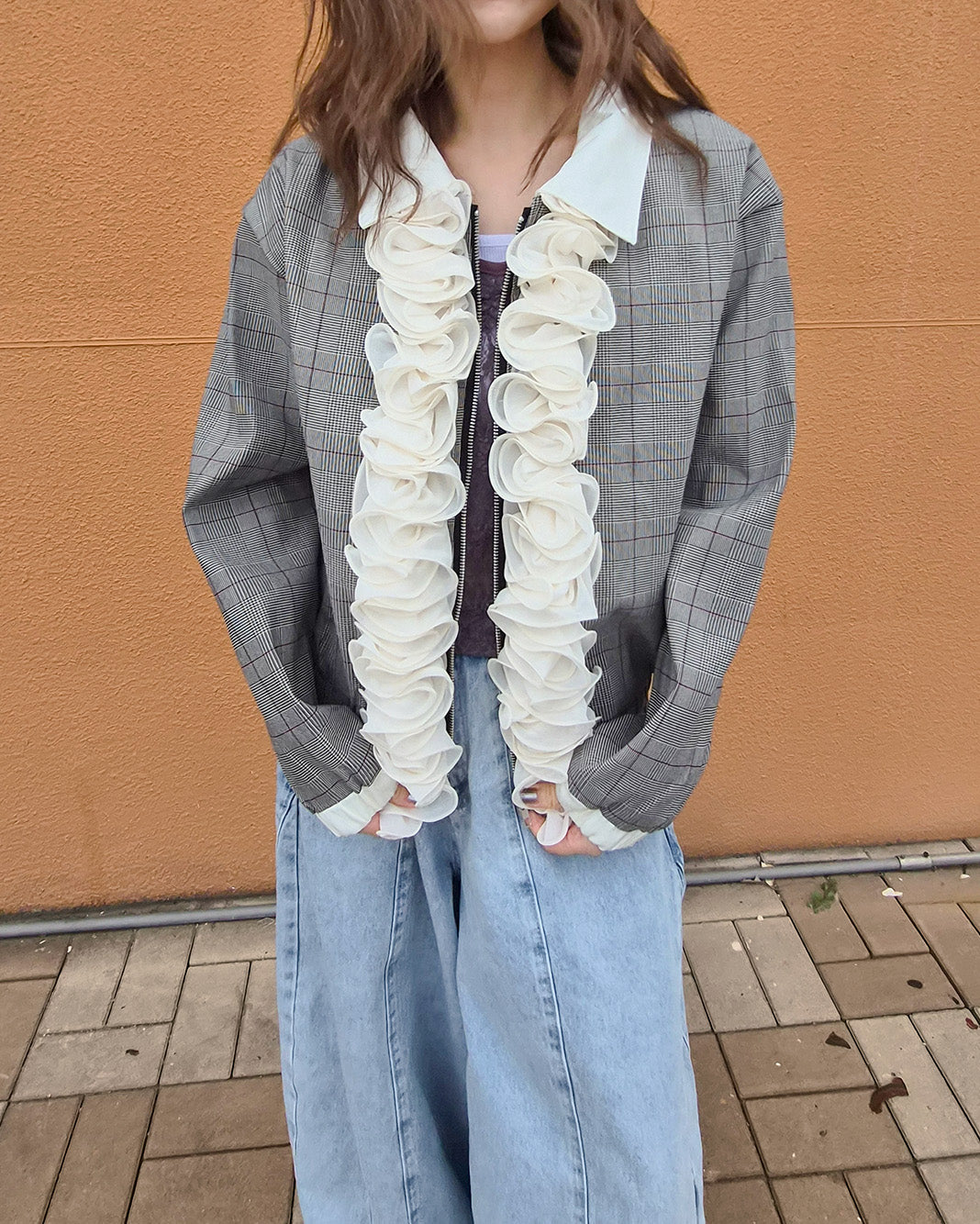 glen check frill jacket