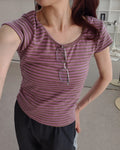 color stripe U neck T