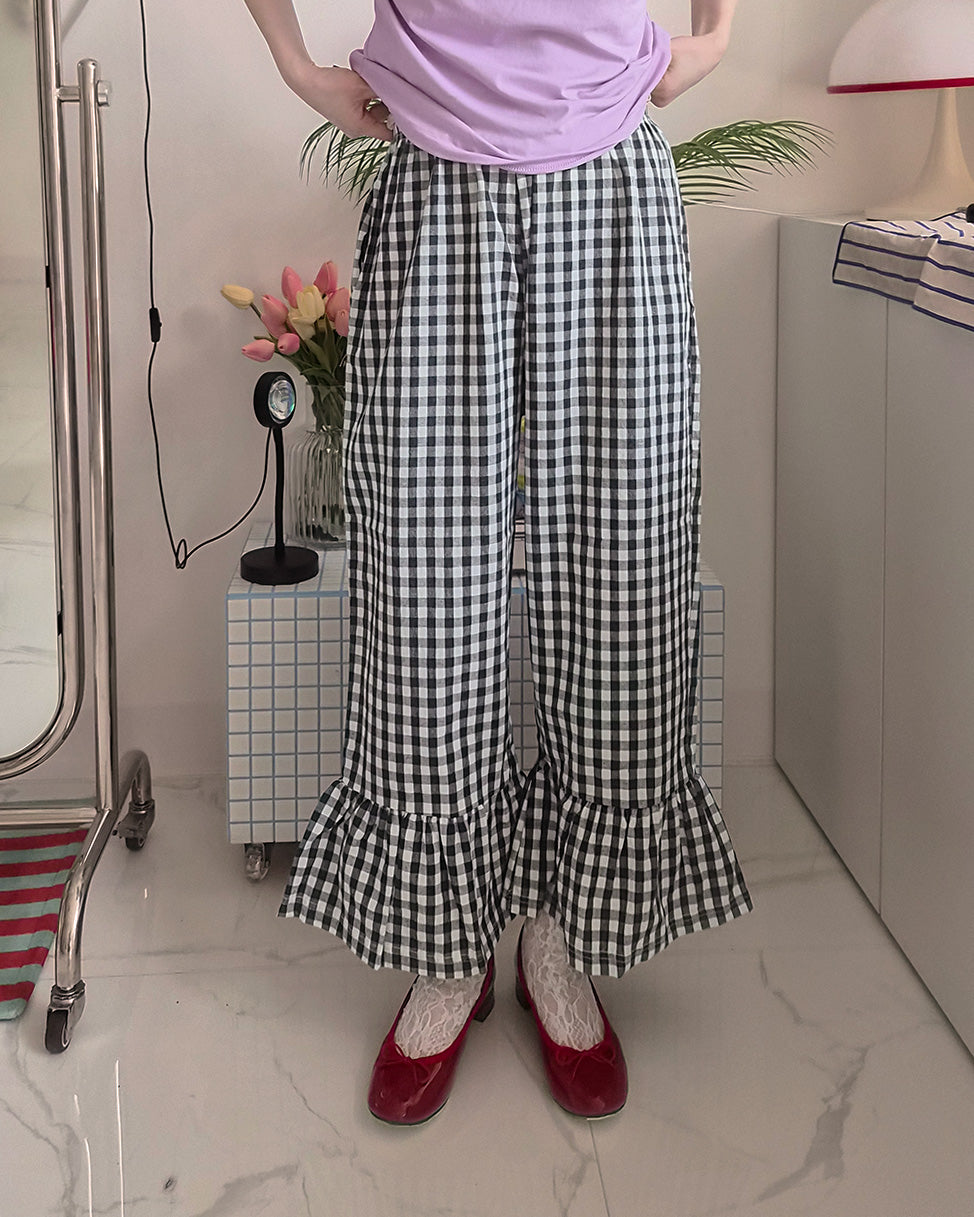gingham check hem frill pants