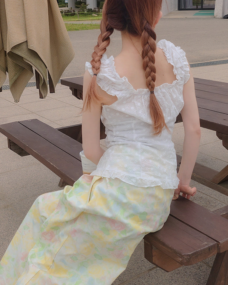cotton lace frill sleeve less blouse