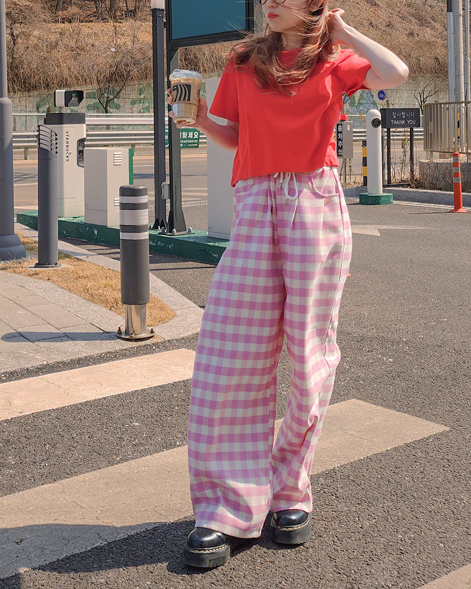gingham check waist tuck wide pants