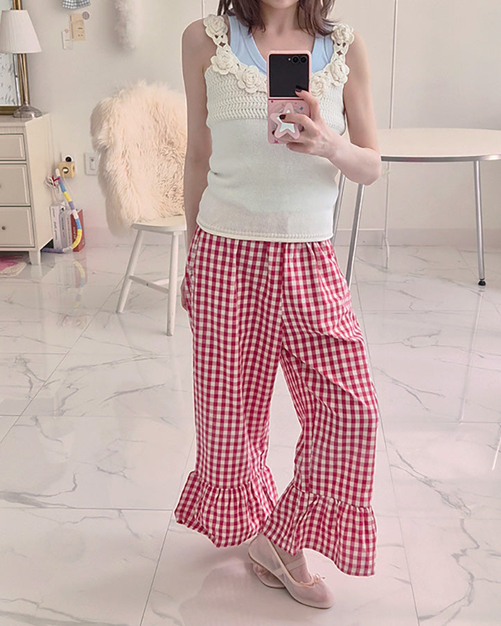 gingham check hem frill pants