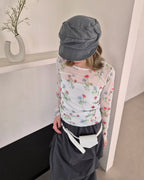 blurred flower sheer long sleeve T