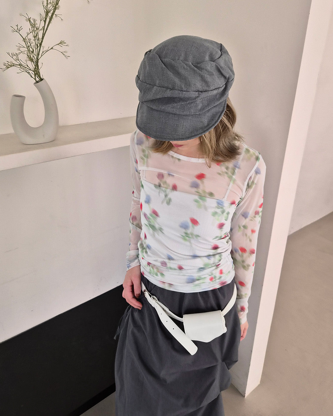 blurred flower sheer long sleeve T